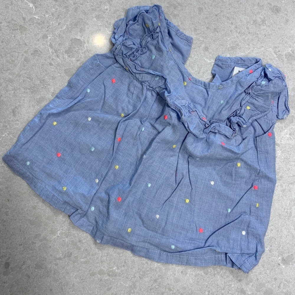 Baby Gap light blue chambray top with neon polka dot embroidered detailing.